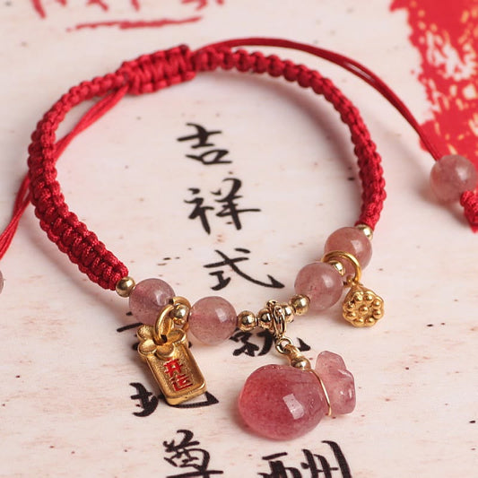 Natural Strawberry Quartz Money Bag Lotus Charm Red String Braided Bracelet