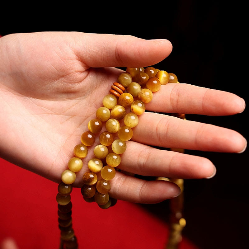 108 Mala Beads Natural Tiger Eye Copper Dorje Protection Tassel Bracelet