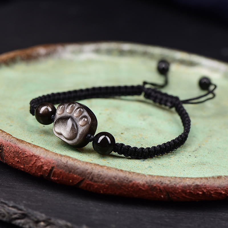Natural Silver Sheen Obsidian Gold Sheen Obsidian Cute Cat Paw Claw Protection Rope Bracelet