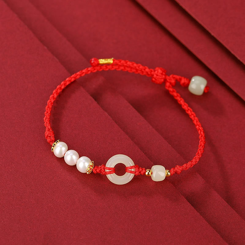925 Sterling Silver Plated Gold Hetian Jade Peace Buckle Pearl Luck Bracelet