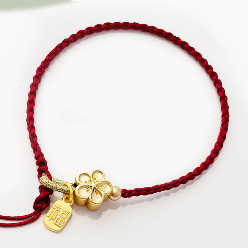Handmade Peach Blossom Rosette Bow Knot Fu Character Charm Luck Fortune Red Rope Bracelet