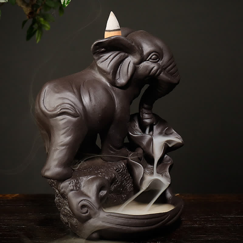 Tibetan Elephant Purple Clay Backflow Smoke Fountain Peace Incense Burner Decoration