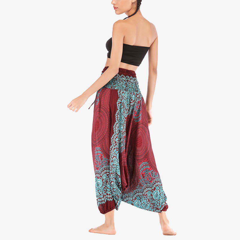 Two Style Wear Round Geometric Pattern Loose Smocked Harem Trousers Jumpsuit High Waist Women's Yoga Pants