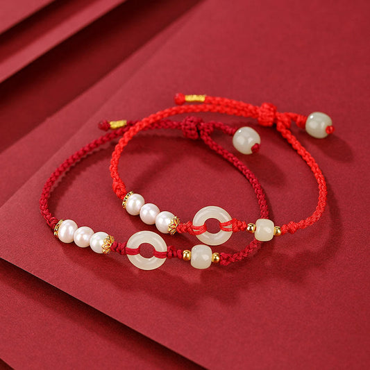 925 Sterling Silver Plated Gold Hetian Jade Peace Buckle Pearl Luck Bracelet