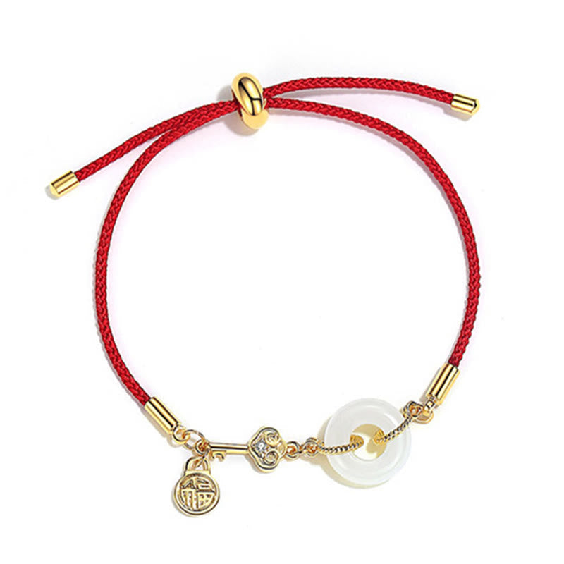 18K Gold Plated Hetian Jade Peace Buckle Fu Character Luck Red Rope Bracelet