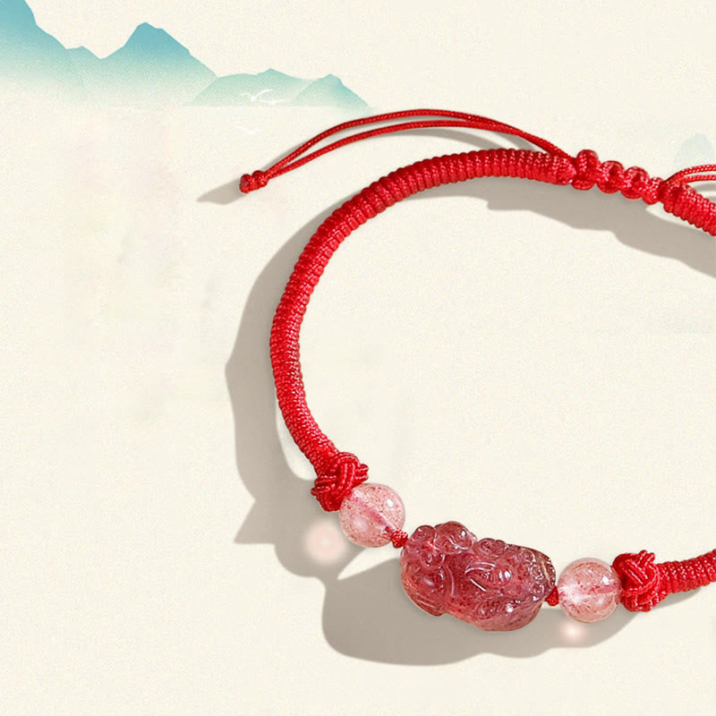 Handmade Natural Silver Sheen Obsidian Strawberry Quartz PiXiu Protection Braided Bracelet