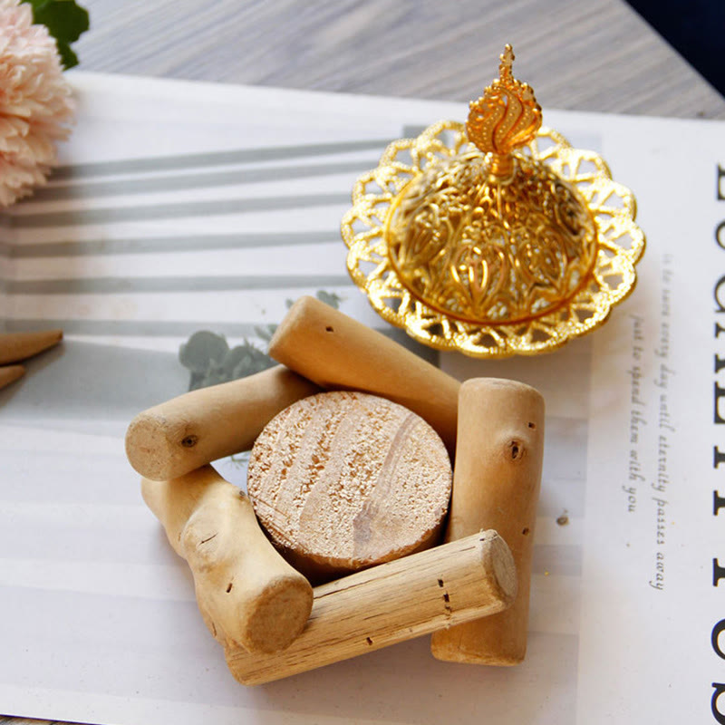Gold Alloy Mini Incense Burner With Wooden Coaster Home Decor