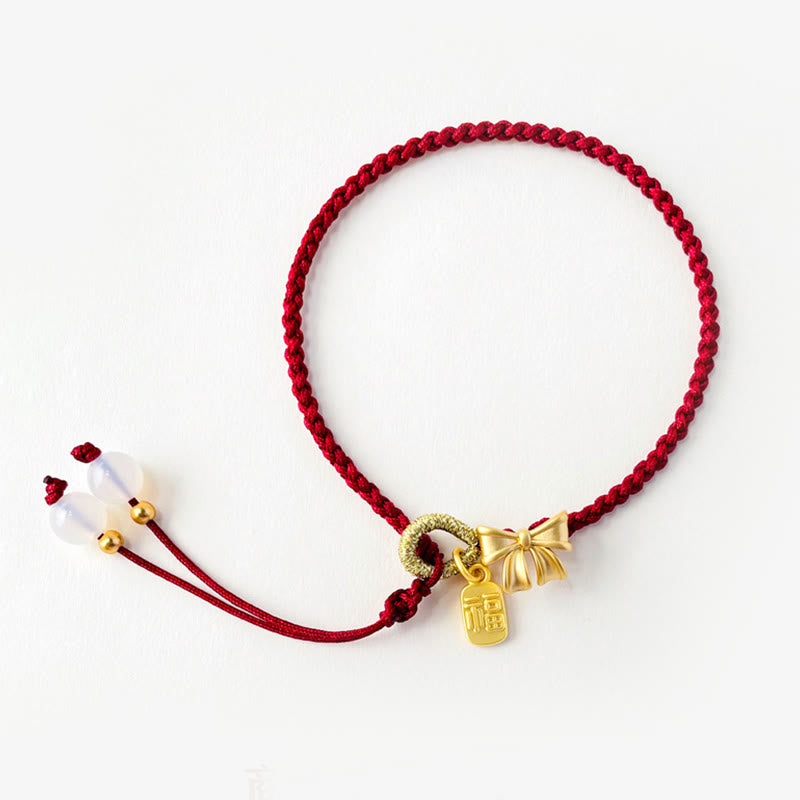Handmade Peach Blossom Rosette Bow Knot Fu Character Charm Luck Fortune Red Rope Bracelet