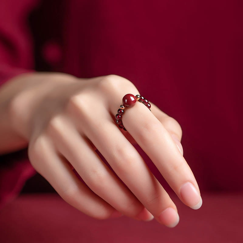 Garnet Cinnabar Lucky Bead PiXiu Om Mani Padme Hum Rose Protection Ring