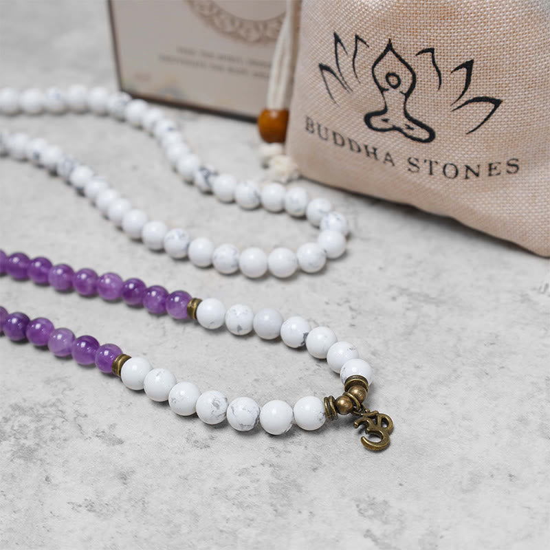 108 Mala Beads Amethyst White Turquoise OM Meditation Energy Bracelet