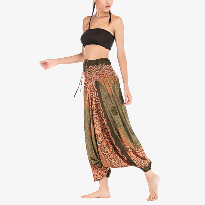 Two Style Wear Round Geometric Pattern Loose Smocked Harem Trousers Jumpsuit High Waist Women's Yoga Pants