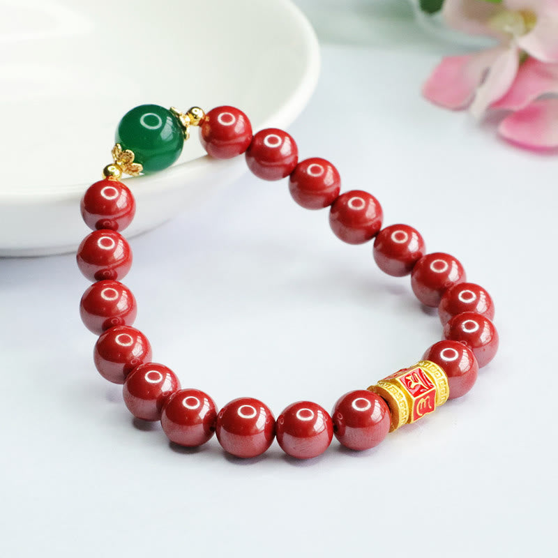 Natural Cinnabar Green Agate Om Mani Padme Hum Pattern Blessing Bracelet