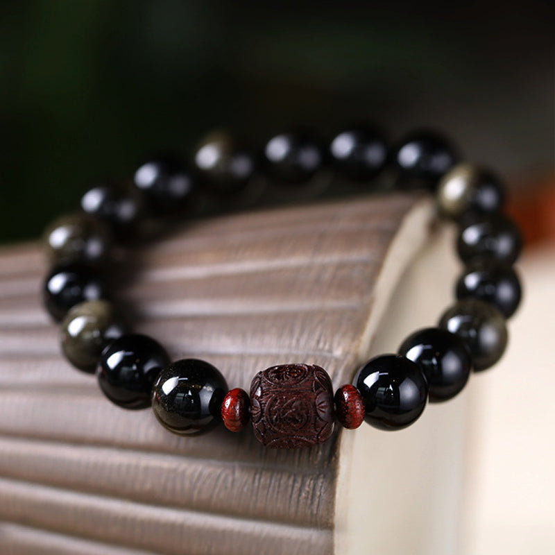 Natural Gold Sheen Obsidian Rainbow Obsidian Om Mani Padme Hum Fu Character Bracelet
