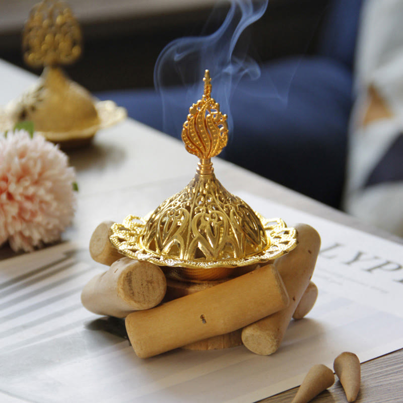 Gold Alloy Mini Incense Burner With Wooden Coaster Home Decor