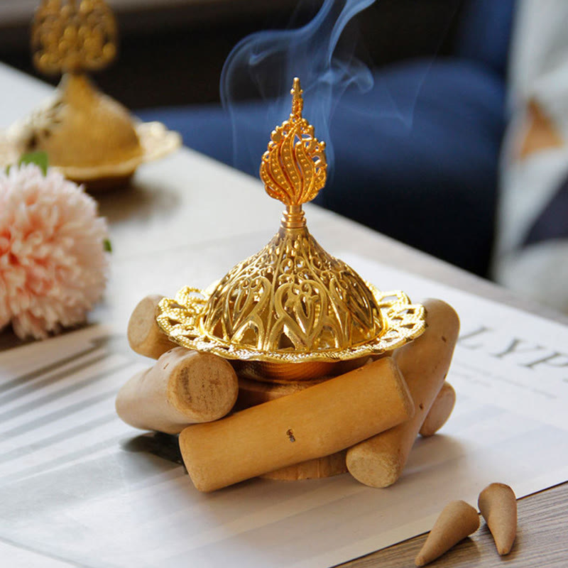 Gold Alloy Mini Incense Burner With Wooden Coaster Home Decor