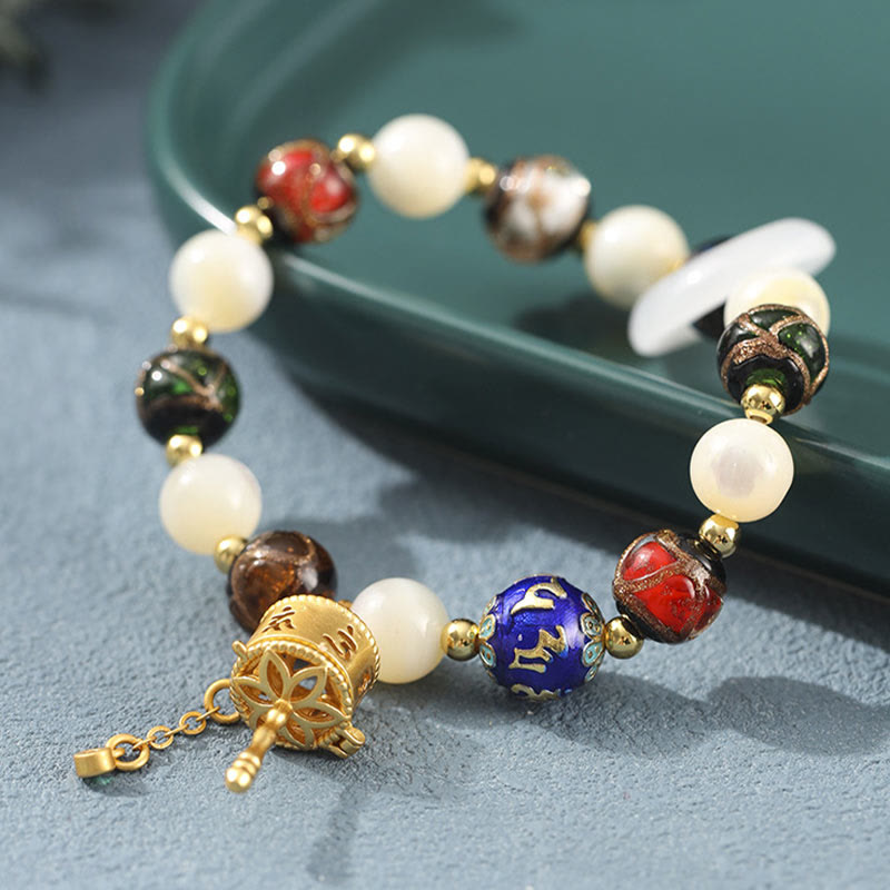 Tibetan Incense Ash Liuli Glass Tridacna Stone Sun Stone Om Mani Padme Hum Prayer Wheel Charm Bracelet
