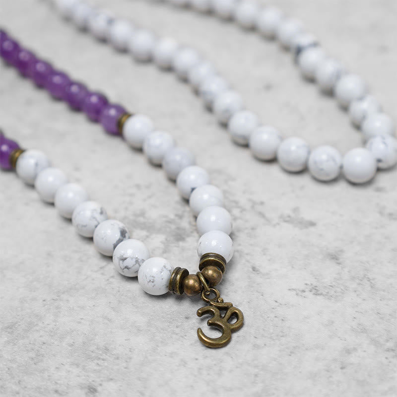 108 Mala Beads Amethyst White Turquoise OM Meditation Energy Bracelet