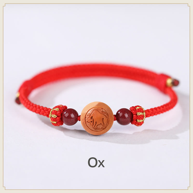 Natural Peach Wood Chinese Zodiac Fu Character Carved Cinnabar Wealth Bracelet