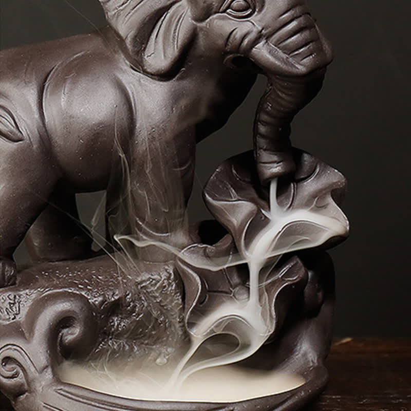 Tibetan Elephant Purple Clay Backflow Smoke Fountain Peace Incense Burner Decoration