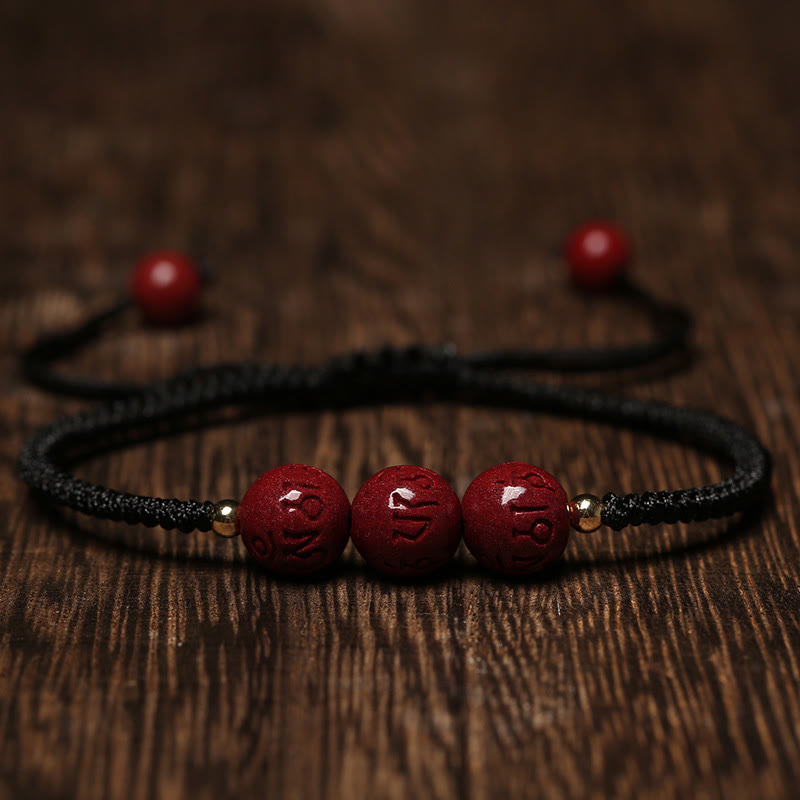 Handmade Cinnabar Om Mani Padme Hum Engraved Beads Blessing Braided Bracelet