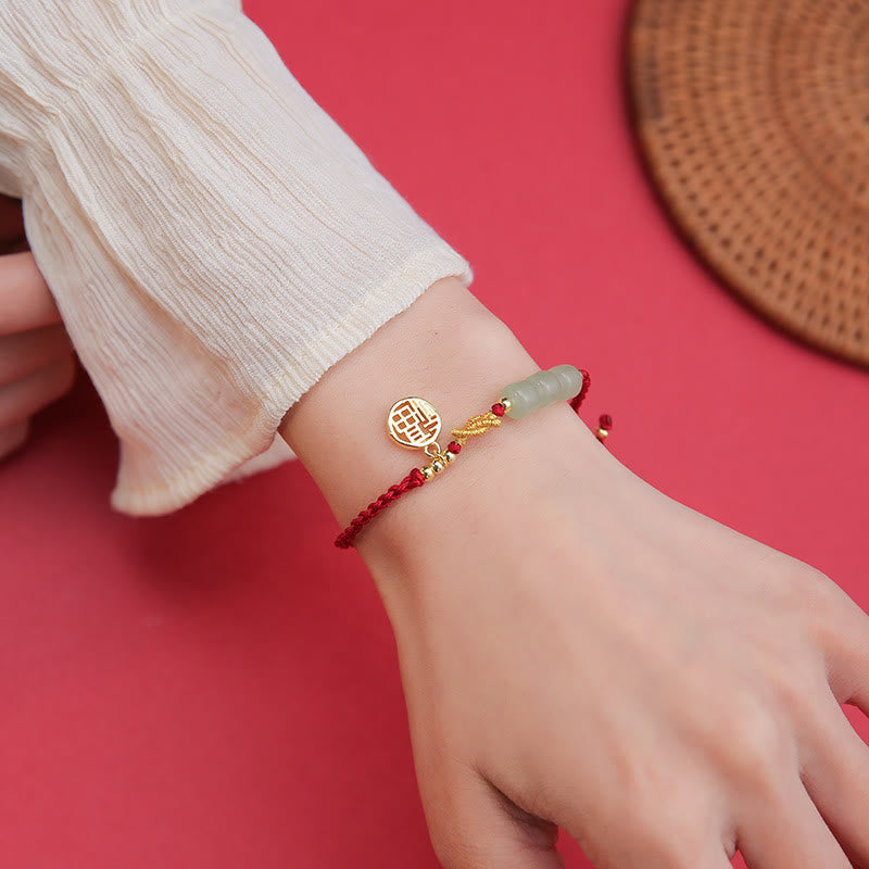 Handcrafted Jade Bead Fu Character Charm Luck Red Rope Bracelet