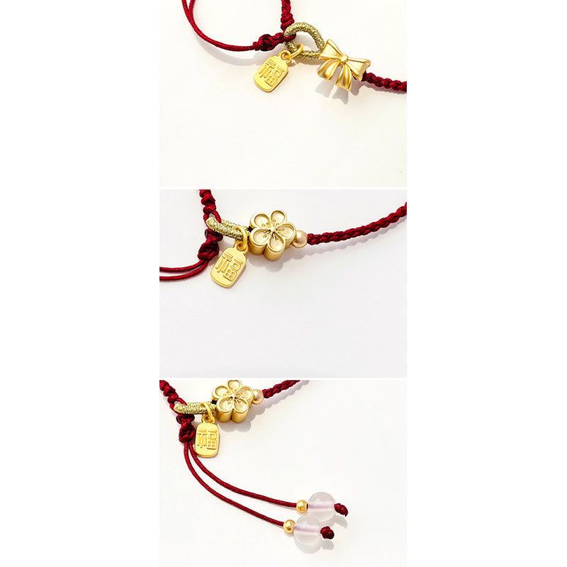 Handmade Peach Blossom Rosette Bow Knot Fu Character Charm Luck Fortune Red Rope Bracelet