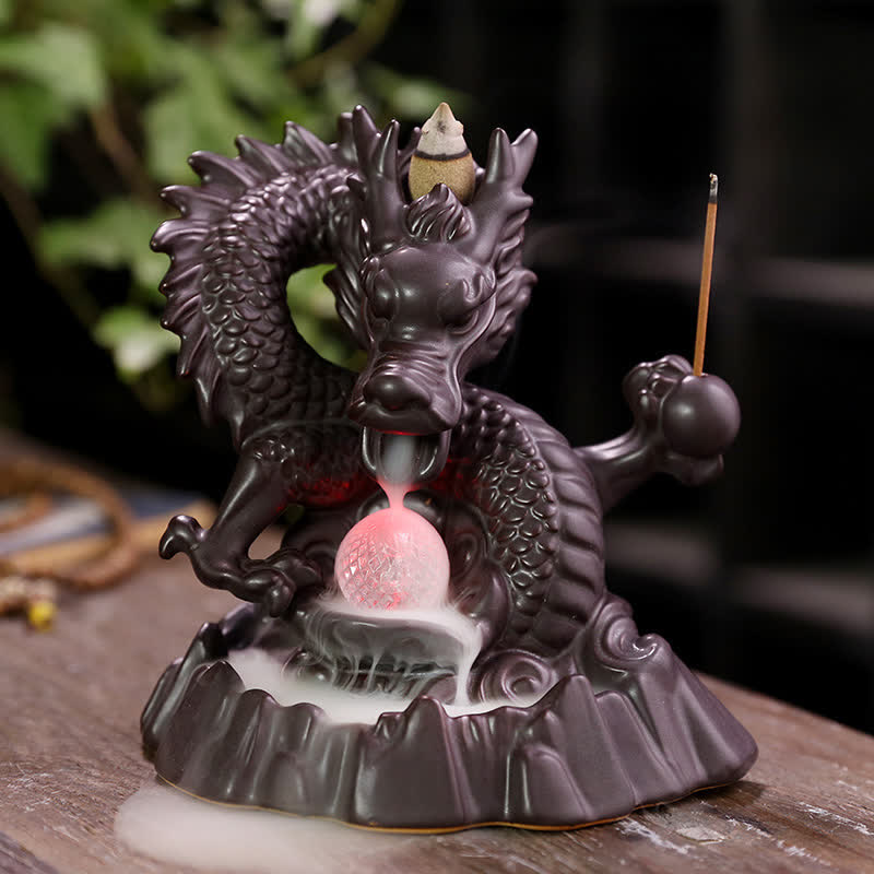 Auspicious Dragon Ceramic Backflow Smoke Fountain Meditation Incense Burner Led Ball Decoration
