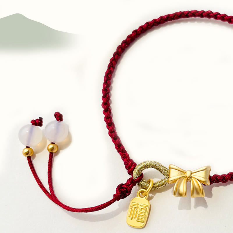 Handmade Peach Blossom Rosette Bow Knot Fu Character Charm Luck Fortune Red Rope Bracelet