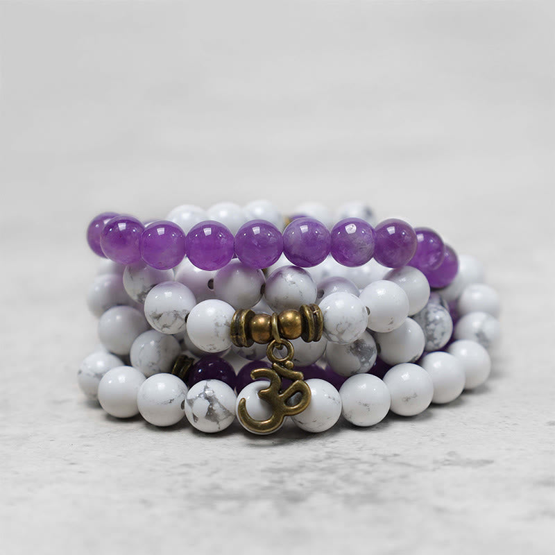 108 Mala Beads Amethyst White Turquoise OM Meditation Energy Bracelet