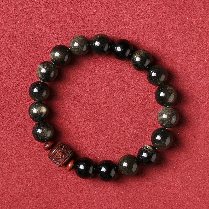 Natural Gold Sheen Obsidian Rainbow Obsidian Om Mani Padme Hum Fu Character Bracelet