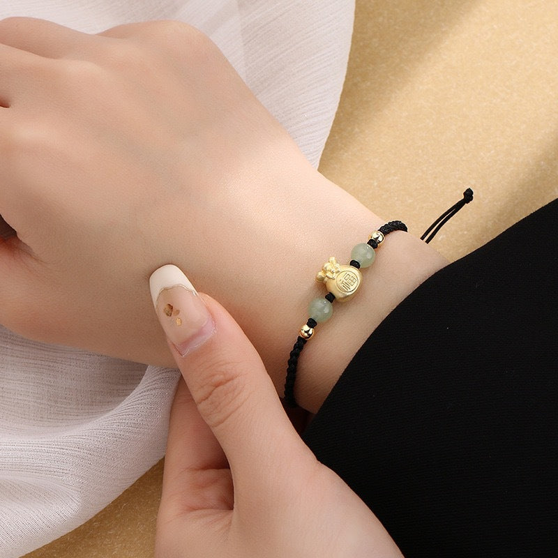 Lucky Money Bag Fu Character Jade Bead Luck Braided Bracelet