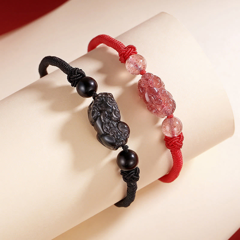 Handmade Natural Silver Sheen Obsidian Strawberry Quartz PiXiu Protection Braided Bracelet