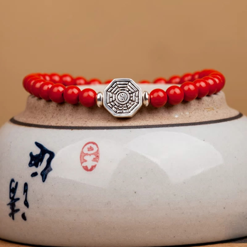 925 Sterling Silver Yin Yang Bagua Symbol Cinnabar String Concentration Bracelet