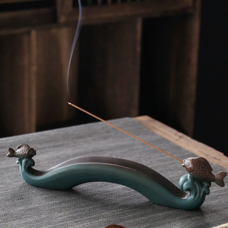 Double Koi Fish Mountain Ceramic Stick Incense Burner Decoration