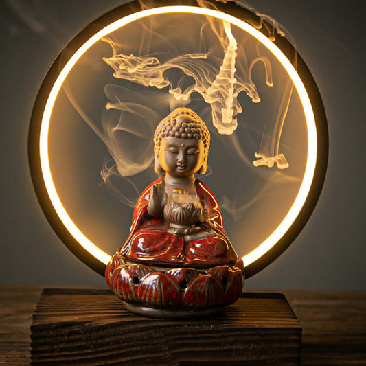 Buddha Lotus Backflow Smoke Fountain Ceramic Blessing Incense Burner With Light Decoration