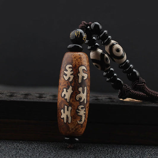 Tibet Om Mani Padme Hum Dzi Bead Avalokitesvara Pattern Wealth Necklace Pendant