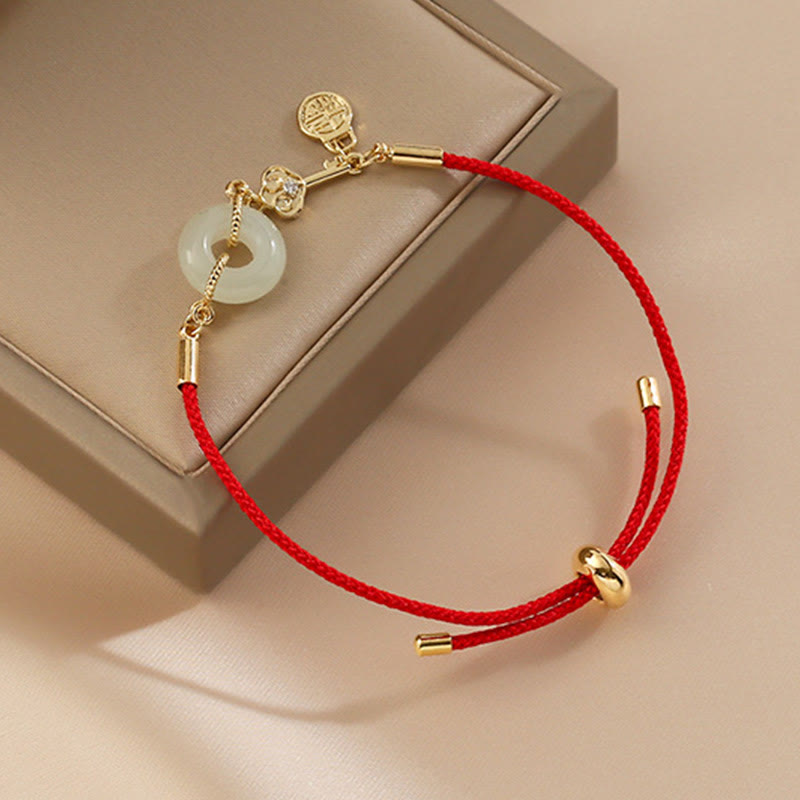 18K Gold Plated Hetian Jade Peace Buckle Fu Character Luck Red Rope Bracelet