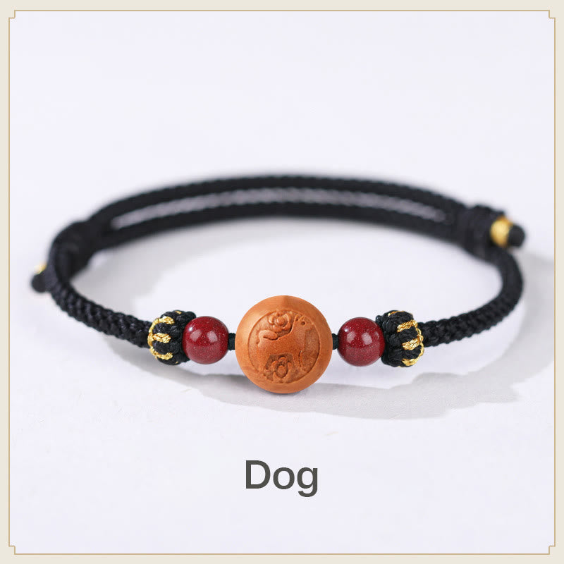 Natural Peach Wood Chinese Zodiac Fu Character Carved Cinnabar Wealth Bracelet