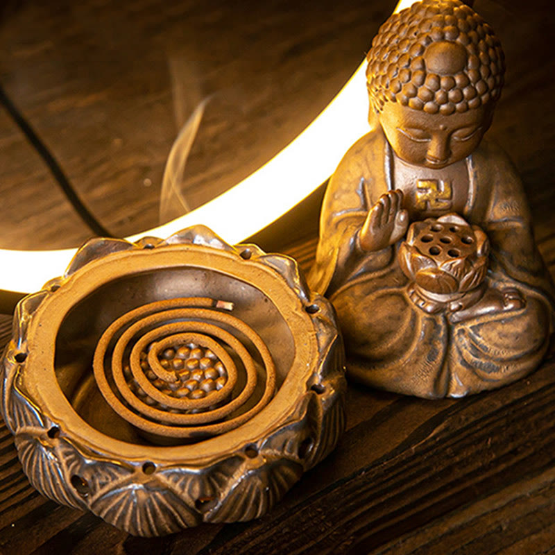 Buddha Lotus Backflow Smoke Fountain Ceramic Blessing Incense Burner With Light Decoration