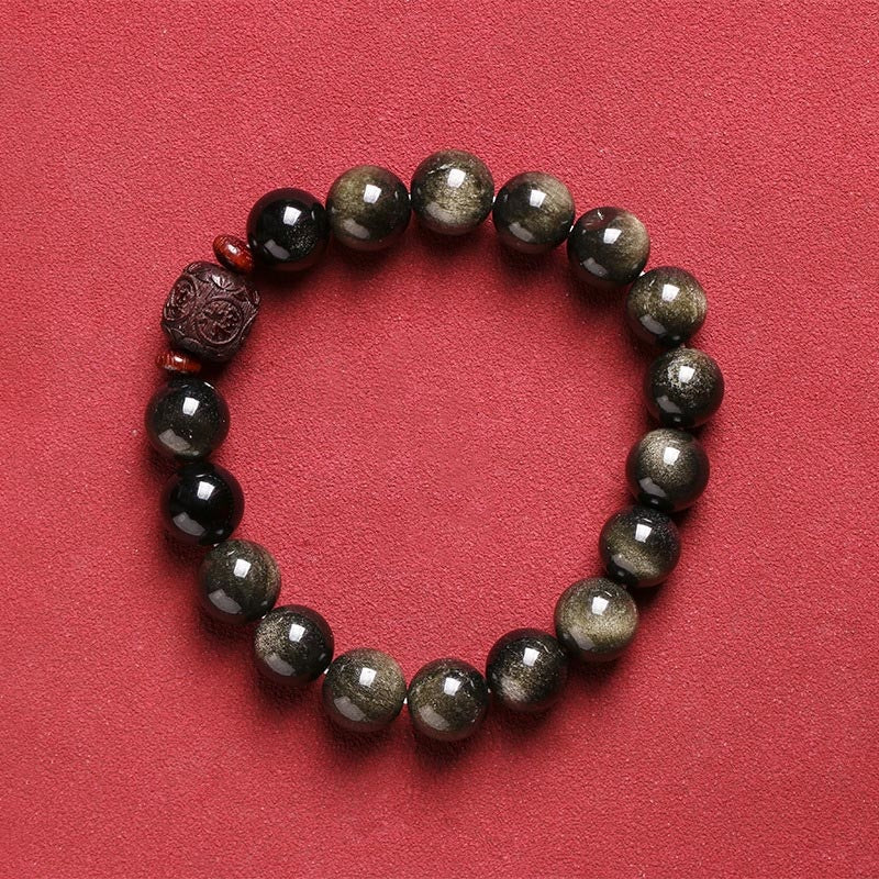 Natural Gold Sheen Obsidian Rainbow Obsidian Om Mani Padme Hum Fu Character Bracelet