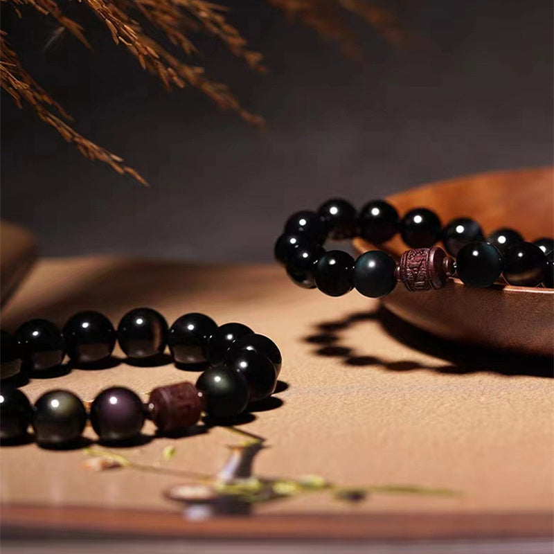 Natural Gold Sheen Obsidian Rainbow Obsidian Om Mani Padme Hum Fu Character Bracelet