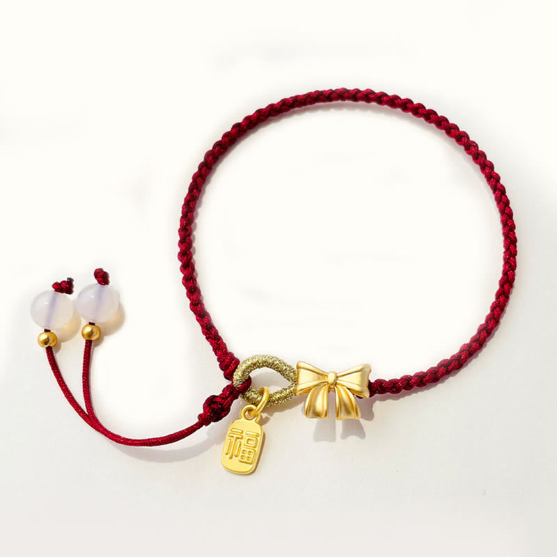 Handmade Peach Blossom Rosette Bow Knot Fu Character Charm Luck Fortune Red Rope Bracelet