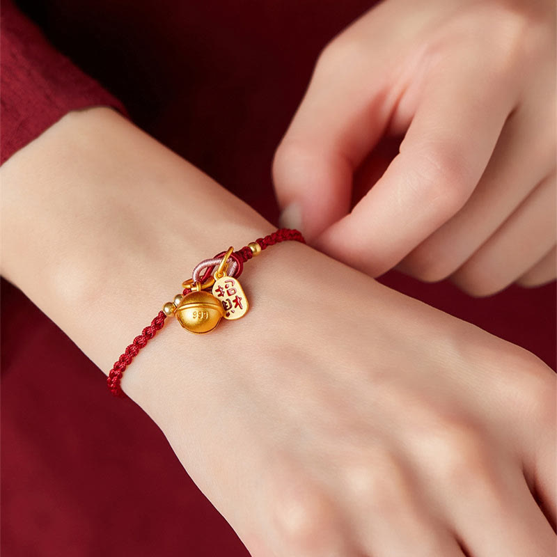 Handmade Fu Character Charm Luck Happiness Bell Red Rope Bracelet
