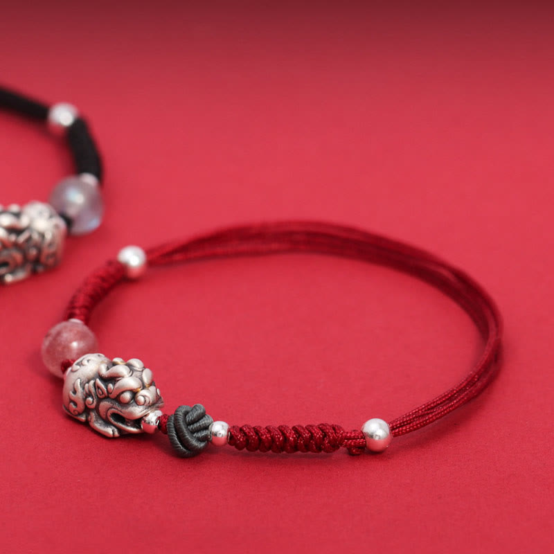 999 Sterling Silver PiXiu Strawberry Quartz Bead Wealth Luck Braided Bracelet