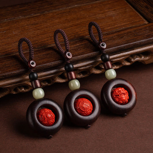 Tibet Om Mani Padme Hum PiXiu Copper Coin Small Leaf Red Sandalwood Cinnabar Protection Key Chain