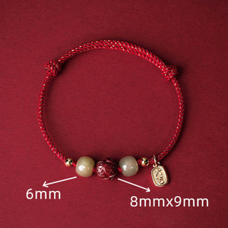 14K Gold Plated Hetian Jade Cinnabar Lotus Luck Handcrafted Rope Bracelet
