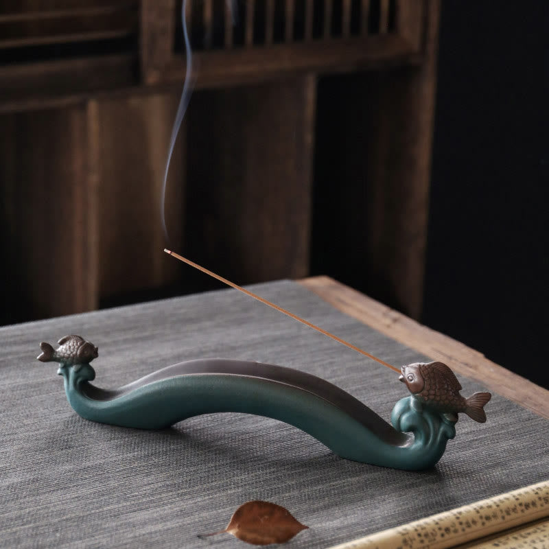 Double Koi Fish Mountain Ceramic Stick Incense Burner Decoration