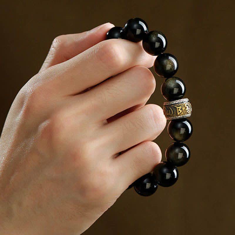 Gold Sheen Obsidian PiXiu Cinnabar Om Mani Padme Hum Protection Bracelet