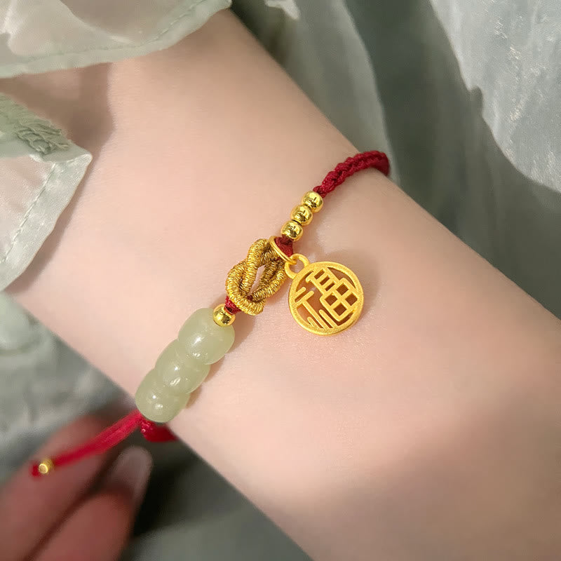 Handcrafted Jade Bead Fu Character Charm Luck Red Rope Bracelet