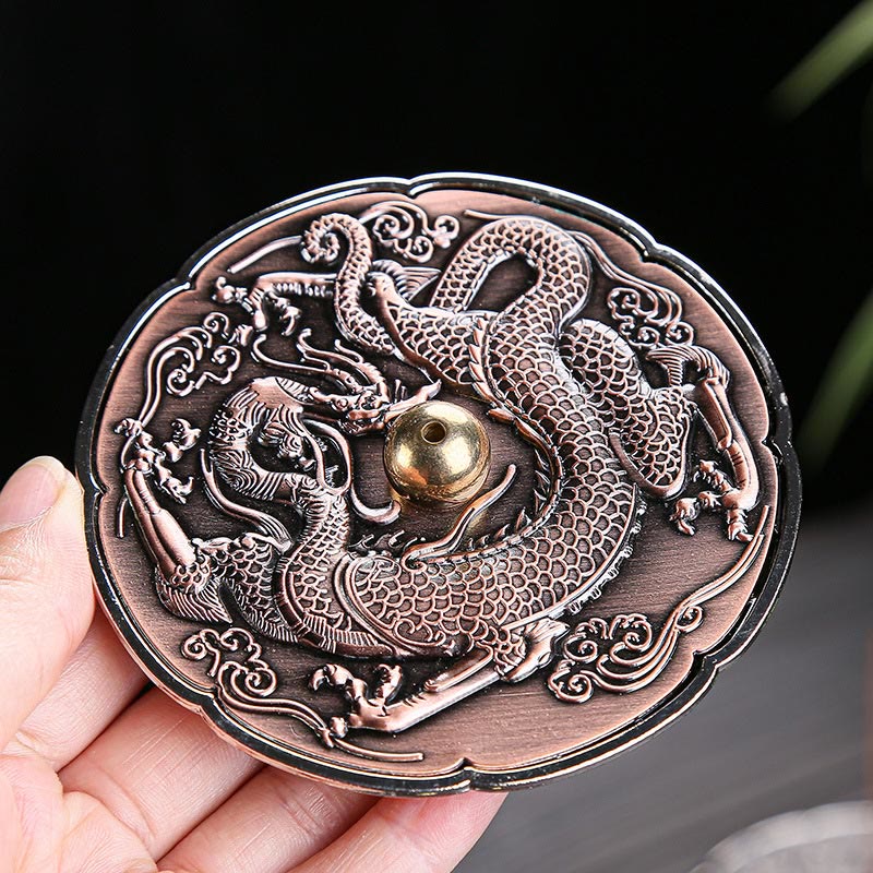 Round Auspicious Dragon Protection Copper Alloy Stick Incense Burner Decoration